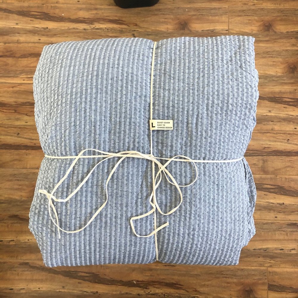 Muji Seersucker Blue Striped Duvet Cover Full (Q)